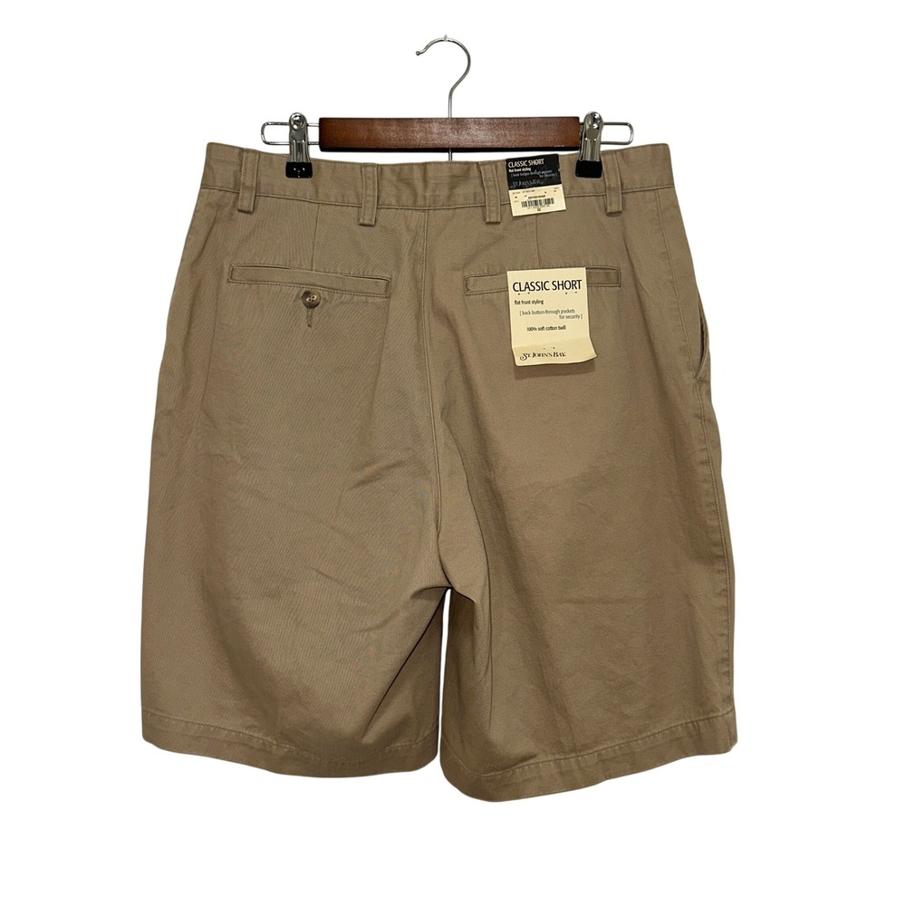 St Johns Bay Classic Short Mens 32 British Khaki New Flat Front Cotton Twill